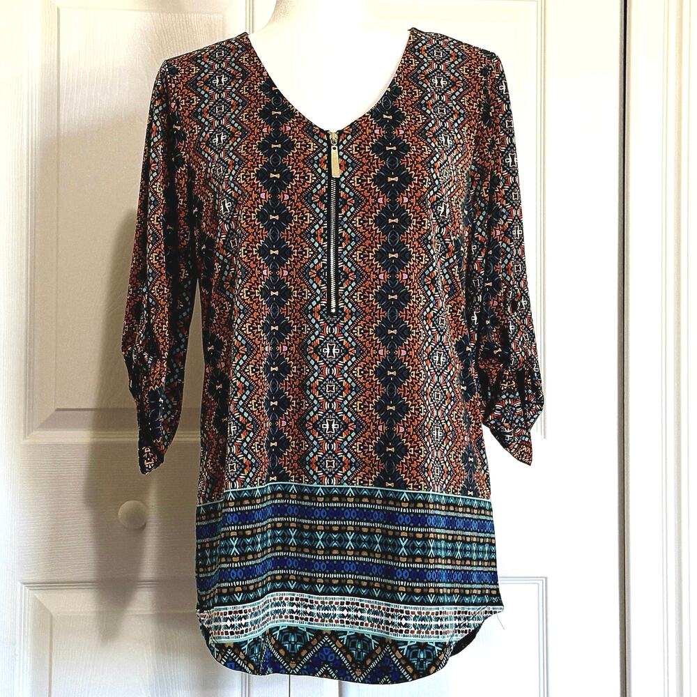 Tacera size Small tunic Aztec pattern mid sleeve pullover blouse front zip.